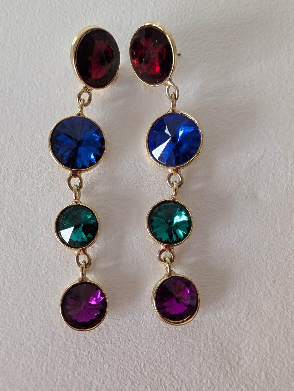 Vintage Earrings Drop Crystal Jewel Tone 1990s Pierced Post